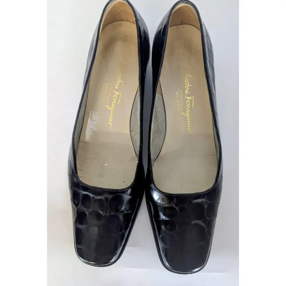 Salvatore Ferragamo Black‎ Croc Embossed Leather Wedge Pumps Size 8B
